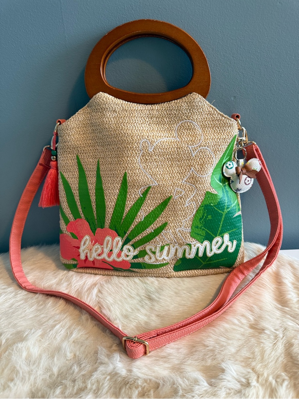 Disney Parks Mickey Silhouette Tropical Hello Summer Raffia Shoulder Handbag